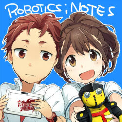  1boy 1girl brown_eyes brown_hair chuo_tanegashima_high_school_uniform commentary_request copyright_name dress_shirt holding holding_robot holding_tablet_pc light_frown lowres open_collar open_mouth red_eyes red_hair red_shirt robotics;notes school_uniform science_adventure senomiya_akiho shirt shirt_under_shirt short_hair short_sleeves smile summer_uniform t-shirt tablet_pc takana_(nanao) tanegashimachine-3 very_short_hair watch watch white_shirt yashio_kaito 