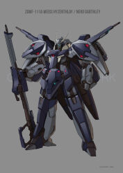  absurdres beam_cannon beam_rifle blue_eyes cable character_name concept_art energy_gun english_commentary english_text gabthley glowing glowing_eye grey_background gundam highres holding holding_weapon kadej mecha mecha_focus mobile_suit no_humans one-eyed original redesign robot science_fiction shoulder_cannon signature titans_(gundam) weapon zeta_gundam 