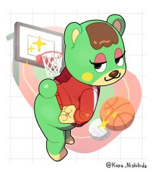  1boy 1girl :3 animal_crossing animal_ears animal_nose artist_name ass ball basketball_(object) bear_ears bear_girl bear_tail black_eyes blush_stickers body_fur bottomless brown_hair charlise_(animal_crossing) closed_mouth commentary_request computer full_body furry furry_female furry_male green_fur grid_background half-closed_eyes highres jacket kopa_nishikida long_sleeves looking_at_viewer makeup male_focus monitor red_jacket short_hair simple_background smile solo sparkle standing tail track_jacket twitter_username white_background 