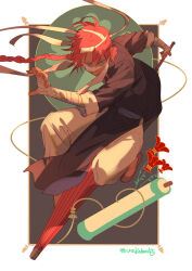  1boy bandaged_arm bandaged_hand bandaged_head bandages black_background black_robe blue_eyes border braid chinese_clothes full_body gintama holding holding_umbrella kamui_(gintama) long_hair looking_ahead male_focus orange_hair pants robe simple_background single_braid solo third-party_source umbrella white_border white_pants zwollowz 