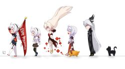  5girls ahoge alternate_costume angry arms_behind_head arms_up asmoday_(genshin_impact) bare_shoulders black_coat black_horns blonde_hair blush braid cat closed_eyes closed_mouth coat collared_shirt colored_skin corruption creature crossed_arms cube deformed dog english_commentary flag floating floating_hair flying from_side full_body fur_trim genshin_impact grey_hair hair_between_eyes hair_floating_upwards hair_ornament hairclip happy headband holding holding_flag honkai:_nexus_anima honkai_(series) honkai_gakuen honkai_impact_3rd horns in-franchise_crossover jacket kiana_kaslana kiana_kaslana_(honkai:_nexus_anima) kudayunii kugimiya_rie light_smile long_hair long_sleeves looking_ahead looking_up marching mihoyo multicolored_skin multiple_girls orange_eyes puddlipup_(honkai:_nexus_anima) school_uniform shade shaded_face shadow shirt short_sleeves side_ahoge skirt smile standing suit sunbringer_(zenless_zone_zero) tao_dian twin_braids two-tone_skin voice_actor_connection walking wavy_hair white_background white_hair zenless_zone_zero 
