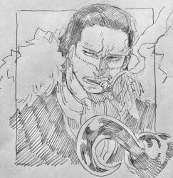  1boy absurdres ascot cigar commentary_request crocodile_(one_piece) greyscale hair_slicked_back highres hook_hand looking_to_the_side male_focus monochrome one_piece pemu_op short_hair smoke solo stitched_face stitches 