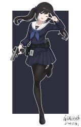  1girl absurdres arm_at_side belt black_belt black_hair black_pantyhose black_shoes blue_bow blue_neckerchief blue_serafuku blue_shirt blue_skirt border bow commentary_request dated english_commentary floating_hair full_body glock grey_background gun hairband hand_up handgun highres holding holding_gun holding_weapon holster leg_up loafers long_hair looking_at_viewer miniskirt mixed-language_commentary neckerchief one_eye_closed open_mouth original outline outside_border pantyhose pleated_skirt sailor_collar school_uniform serafuku shirt shoes signature simple_background skirt smile standing standing_on_one_leg tuopai! twintails utility_belt violet_eyes weapon white_border white_outline white_sailor_collar 