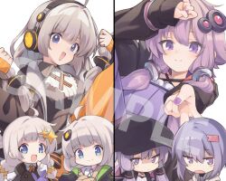  2girls :d ahoge arm_up black_jacket blue_eyes breasts brown_dress chibi clenched_hands collared_shirt commentary_request dress grey_hair hair_between_eyes hair_ornament hairclip headphones jacket kizuna_akari kizuna_akari_(a.i._voice) kizuna_akari_(moe) long_hair long_sleeves medium_breasts multiple_girls nail_polish natsuki_teru orange_pantyhose pantyhose puffy_long_sleeves puffy_sleeves purple_dress purple_hair purple_nails sample_watermark shirt sleeves_past_wrists smile striped_clothes striped_pantyhose vertical-striped_clothes vertical-striped_pantyhose violet_eyes vocaloid voiceroid watermark white_shirt yuzuki_yukari yuzuki_yukari_(shizuku) 