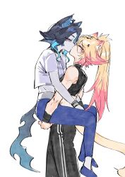  2girls absurdres ahoge animal_ears black_hair black_pants black_shirt blonde_hair blue_hair blue_pants cat_ears cat_girl cat_tail closed_eyes colored_tips fufu_(vtuber) harukami_2277 highres indie_virtual_youtuber kiss long_hair multicolored_hair multiple_girls obkatiekat pants pink_hair ponytail shirt short_hair short_sleeves sidelocks sleeveless sleeveless_shirt sweatpants tail virtual_youtuber white_background white_shirt yuri 