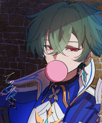  1boy absurdres ahoge armor belt belt_collar black_belt blowing_bubble_gum blue_shirt brick brick_wall chewing_gum choker coat collar collared_shirt ear_piercing earrings genshin_impact green_hair hair_between_eyes heiwaniikuruze highres jewelry lohen_(genshin_impact) long_sleeves looking_at_viewer male_focus mole mole_under_eye multicolored_eyes partially_shaded_face piercing shirt short_hair shoulder_armor signature single_earring solo upper_body 