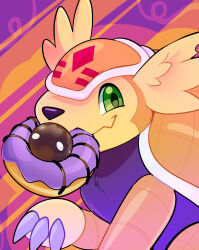  abstract_background armadimon claws commentary digimon digimon_(creature) ectodrool english_commentary food_in_mouth green_eyes highres looking_at_viewer no_humans solo 