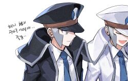  2boys :d ;d black_coat black_hat blue_necktie brothers closed_eyes coat collared_shirt commentary_request emmet_(pokemon) grey_eyes grey_hair hat high_collar highres ingo_(pokemon) korean_commentary korean_text male_focus multiple_boys necktie one_eye_closed open_clothes open_coat open_mouth pokemon pokemon_black_and_white seku_000 shirt short_hair siblings smile white_coat white_hat white_shirt 
