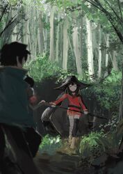  1boy 1girl :d absurdres asymmetrical_legwear bandaged_leg bandages belt black_belt black_cape black_choker black_hat black_thighhighs blurry blurry_foreground boots brown_boots brown_hair brown_pants cape choker commentary day depth_of_field dress facing_away facing_viewer floating_cape foliage forest full_body grass green_cape hair_over_shoulder half-closed_eyes halftone hat highres holding holding_staff kono_subarashii_sekai_ni_shukufuku_wo! koukouya long_sleeves mage_staff megumin mismatched_legwear moss nature outdoors painterly pants parted_lips path red_dress satou_kazuma short_dress short_hair short_hair_with_long_locks sidelocks single_thighhigh smile solo_focus staff thigh-highs tree walking witch_hat yellow_trim zettai_ryouiki 
