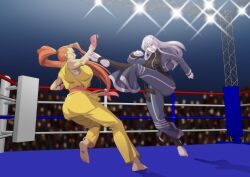  2girls barefoot blue_dougi blue_jacket boxing_ring breasts catalina_walker_(tatsumi5032) clip_studio_paint_(medium) commentary commission english_commentary fighting fingerless_gloves flying_kick gloves green_eyes grey_hair high_kick highres isura-eru jacket karina_(isura-eru) kicking large_breasts long_hair looking_at_another martial_arts martial_arts_belt mma_gloves multiple_girls open_clothes open_jacket orange_hair original pants ponytail sleeveless soles stage_lights stirrup_legwear toeless_legwear toes truss yellow_dougi yellow_eyes yellow_pants 