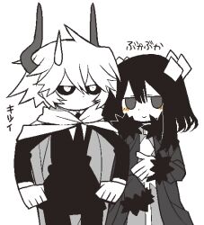  1boy 1girl black_hair black_sclera black_suit blush cape coat colored_sclera cosplay costume_switch couple crystal_hair_ornament demon_boy demon_horns diamond_(gemstone) diamond_(shape) diamond_hair_ornament etihw_(funamusea) funamusea funamusea_(artist) grey_coat grey_eyes haiiro_teien hands_on_own_hips horns kcalb_(funamusea) long_sleeves medium_hair messy_hair necktie official_art simple_background smile suit sweat white_background white_cape white_eyes white_hair 