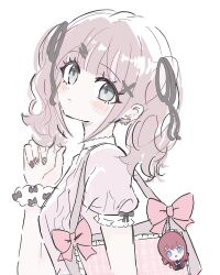  1girl bag bag_charm black_nails black_ribbon bow character_doll charm_(object) chibigurumi closed_mouth commentary_request doll girls_band_cry grey_eyes hair_ribbon hani_(nis2mo) highres hina_(girls_band_cry) iseri_nina medium_hair nail_polish pink_bow pink_hair pink_shirt ribbon shirt short_sleeves shoulder_bag simple_background twintails upper_body white_background 