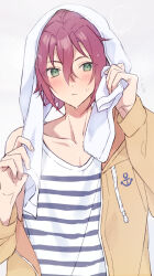  1boy absurdres anchor_print closed_mouth collared_shirt commentary drawstring ensemble_stars! eyes_visible_through_hair fingernails green_eyes grey_background hair_between_eyes hands_up highres isara_mao jacket long_sleeves male_focus open_clothes open_jacket red_hair reijiro shirt simple_background solo towel towel_on_head water_drop 