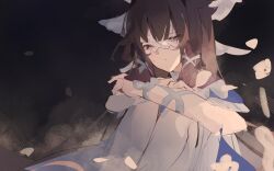  1girl bare_shoulders black_hair closed_mouth columbina_(genshin_impact) commentary dark_background dress english_commentary eye_mask genshin_impact hair_ornament head_wings highres hugging_own_legs long_hair mask meyimai multicolored_hair multiple_wings purple_hair purple_streaks ribbon simple_background sitting solo streaked_hair two-tone_hair very_long_hair violet_eyes white_dress white_wings wing_hair_ornament wings 