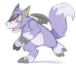  bat_wings brown_eyes claws commentary digimon digimon_(creature) dorumon english_commentary fang mini_wings no_humans purple_fur simple_background solo tail teamprototype two-tone_fur white_background white_fur wings 