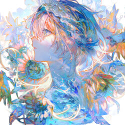  1girl blue_eyes commentary_request flower from_side grey_hair hair_between_eyes highres leaf light_particles long_hair oo6 original parted_lips profile solo sparkle sparkling_eyes sunflower water water_drop 