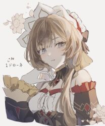  1girl bare_shoulders black_bow black_collar black_sleeves blue_eyes bonnet bow brown_hair closed_mouth collar commentary_request detached_collar detached_sleeves dress gem genshin_impact gloves hair_bow hair_ornament long_sleeves looking_at_viewer miyamiyayaaaa red_gem sandrone_(genshin_impact) short_hair_with_long_locks simple_background solo upper_body white_background white_gloves white_headdress 