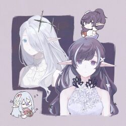  2girls apple asahina_mafuyu bloom_festival_(project_sekai) blue_eyes breasts chibi chibi_inset closed_mouth commentary_request cropped_torso dress dress_flower elf flower food fruit grey_dress grey_hair grey_streaks hair_ornament hair_over_one_eye harp high_collar highres holding holding_food holding_fruit instrument long_hair long_pointy_ears looking_at_viewer medium_breasts multicolored_hair multiple_girls nnocturne official_alternate_costume official_alternate_hairstyle one_eye_covered pointy_ears project_sekai purple_hair sidelocks simple_background sleeveless sleeveless_dress small_breasts streaked_hair twintails upper_body violet_eyes white_dress yoisaki_kanade zzz 