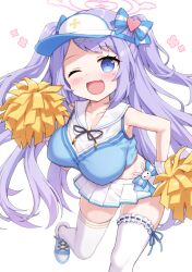  1girl blue_archive blue_shirt blue_visor_cap breasts cheerleader commentary_request ezoshika facial_mark fang frilled_thighhighs frills hair_ornament halo hanae_(blue_archive) hanae_(cheer_squad)_(blue_archive) heart heart_facial_mark heart_hair_ornament heart_halo heart_sticker holding holding_pom_poms large_breasts long_hair miniskirt oppai_loli pink_halo pom_pom_(cheerleading) purple_hair shirt skin_fang skirt sleeveless smile solo sticker sticker_on_face thigh-highs trinity_cheerleader_outfit_(blue_archive) very_long_hair visor_cap white_background white_skirt white_thighhighs 