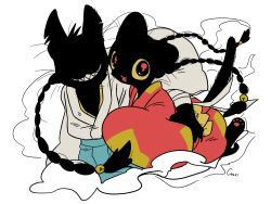  1boy 1girl animal_feet black_eyes black_fur black_hair body_fur braid braided_ponytail brother_and_sister carrying carrying_person carrying_under_arm cat_boy cat_girl cocri colored_sclera commentary_request fang full_body furry furry_female furry_male japanese_clothes kimono looking_at_viewer low_twin_braids no_eyes original red_kimono roku_(cocri) sharp_teeth siblings simple_background suzu_(cocri) tail teeth twin_braids white_background yellow_sclera 
