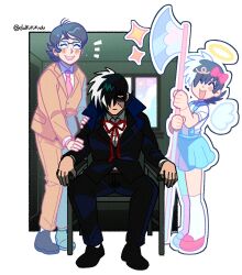  3boys :d ^_^ angel artist_name axe battle_axe black_coat black_hair black_jack_(character) black_jack_(series) black_jacket black_pants black_shoes blue_skirt bow brown_jacket brown_pants chair closed_eyes coat coat_on_shoulders collared_shirt commentary crossdressing crossdressing_(mtf) dulrururudu full_body hair_bow hair_over_one_eye halo hand_on_another's_arm hand_on_another's_shoulder highres holding holding_axe holding_weapon ima_sugu_rinne_(vocaloid) jacket kisaragi_kei kneehighs korean_text long_sleeves male_focus multicolored_hair multiple_boys neck_ribbon necktie open_mouth outside_border pants patchwork_skin pink_bow pink_necktie pink_shoes red_eyes red_ribbon ribbon scar scar_on_face shaded_face shirt shoes short_hair sitting skirt smile socks sparkle split-color_hair standing stitched_face stitches suspender_skirt suspenders twitter_username two-tone_hair weapon white_hair white_shirt white_socks wing_collar wings 