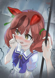  1girl 1other animal_ears ayin_(pixiv_125482608) blush brown_hair commentary_request ear_covers embarrassed highres holding holding_umbrella horse_ears horse_girl long_hair looking_to_the_side multicolored_hair nice_nature_(umamusume) open_mouth pleated_skirt pov pov_hands purple_shirt rain sailor_collar sailor_shirt school_uniform shared_umbrella shirt skirt streaked_hair tracen_school_uniform twintails umamusume umbrella white_sailor_collar white_skirt 