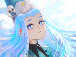  1girl black_eyes blue_eyes blue_hair brushbuddy cloak creature hat highres long_hair looking_at_viewer qifrey's_atelier_apprentice_uniform richeh_(tongari_boushi_no_atelier) solo teeth tongari_boushi_no_atelier user_dgmh5873 white_fur wizard_hat 