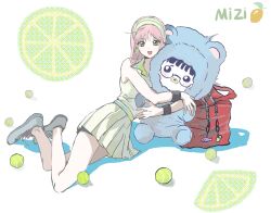  1girl absurdres alien_stage bag ball character_doll character_name chinese_commentary collared_shirt commentary_request contrast_collar doll earrings food fruit glasses green_eyes green_hairband grey_shoes hairband highres jewelry lime_(fruit) lime_slice long_hair mizi_(alien_stage) multicolored_hairband official_alternate_costume open_mouth pink_hair pleated_skirt red_bag sadahalu_ai_la_shi shirt shoes sitting skirt sleeveless sleeveless_shirt smile sportswear striped_clothes striped_hairband tennis_ball tennis_uniform two-tone_hairband white_hairband white_skirt 