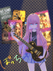  1girl absurdres ahoge blush bocchi_the_rock! commentary_request cube_hair_ornament detached_ahoge electric_guitar gotoh_hitori guitar hair_between_eyes hair_ornament highres holding holding_guitar holding_instrument instrument jacket kessoku_band_t-shirt long_hair oreoreoxt pink_hair pink_jacket pink_track_suit playing_guitar playing_instrument skirt track_jacket track_suit 