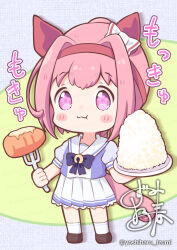  1girl animal_ears blush bow bowtie brown_shoes carrot chibi closed_mouth commentary_request ear_bow ear_covers flower-shaped_pupils flower_in_eye fork hairband haru_urara_(umamusume) headband holding holding_fork holding_plate horse_ears horse_girl horse_tail long_hair pink_eyes pink_hair pink_headband plate pleated_skirt ponytail puffy_short_sleeves puffy_sleeves purple_bow purple_bowtie purple_shirt red_headband rice sailor_collar sailor_shirt school_uniform shirt shoes short_sleeves skirt socks solo symbol-shaped_pupils symbol_in_eye tail tracen_school_uniform umamusume white_sailor_collar white_skirt white_socks yoshiharu_izumi 