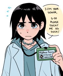  1girl black_eyes black_hair blue_hoodie blue_jacket blush borrego_tan closed_mouth collarbone english_commentary english_text flying_sweatdrops frown highres holding holding_id_card hood hoodie id_card jacket jewelry lanyard light_frown medium_hair necklace original solo spanish_text sweatdrop 