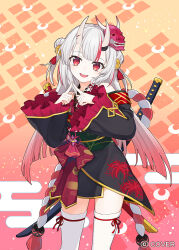  1girl :d bell black_kimono center-flap_bangs commentary_request double_bun frilled_sleeves frills gold_trim gradient_hair grey_hair hair_bell hair_between_horns hair_bun hair_ornament hololive horns japanese_clothes jingle_bell katana kimono kouhaku_nawa long_hair long_sleeves looking_at_viewer mask mask_on_head multicolored_hair nakiri_ayame nakiri_ayame_(1st_costume) off_shoulder official_art oni oni_mask open_mouth red_eyes red_hair red_kimono red_streaks rope saipaco sheath sheathed shimenawa short_kimono skin-covered_horns smile solo streaked_hair sword sword_on_back tabi tassel tassel_hair_ornament teeth thigh-highs two_side_up upper_teeth_only virtual_youtuber weapon weapon_on_back white_thighhighs wide_sleeves 