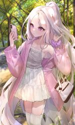  1girl absurdres bag blue_archive breasts commentary_request day demon_girl demon_horns highres hina_(blue_archive) holding holding_phone horns jijae long_hair outdoors phone small_breasts solo standing thigh_focus thighs tree very_long_hair violet_eyes white_hair 