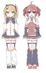  15tsugai 2girls :< a.i._voice adachi_rei ahoge arm_warmers black_arm_warmers black_headband black_leg_warmers black_shoes black_skirt black_vest bow commentary_request drill_hair frilled_skirt frills garter_straps hair_ribbon headband headlamp highres kasane_teto leg_warmers multiple_girls nise_chuugokugo_(utau) one_side_up open_mouth orange_eyes orange_hair orange_trim radio_antenna red_bow red_eyes red_hair red_shoes red_tabard red_trim reference_sheet ribbon shoes short_hair simple_background skirt smile standing tabard thigh_strap twin_drills utau vest white_arm_warmers white_background white_bow white_leg_warmers white_ribbon white_tabard 