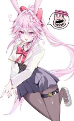  1girl animal_ears black_pantyhose blue_skirt breasts commentary_request evanescia_(honkai:_star_rail) flower fox_ears fox_girl fuka_yao hair_flower hair_ornament highres honkai:_star_rail honkai_(series) large_breasts long_hair looking_at_viewer pantyhose pink_hair pleated_skirt shirt shoes simple_background skirt solo speech_bubble very_long_hair violet_eyes white_background white_shirt white_shoes 
