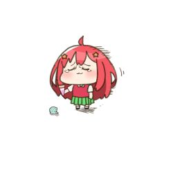  1girl :3 ahoge akino_ell blush closed_eyes closed_mouth collared_shirt commentary_request food go-toubun_no_hanayome green_skirt hair_ornament holding holding_food ice_cream ice_cream_cone ice_cream_cone_spill long_hair nakano_itsuki pleated_skirt red_hair shadow shirt short_sleeves simple_background skirt solo standing star_(symbol) star_hair_ornament sweater_vest tears very_long_hair white_background white_shirt 