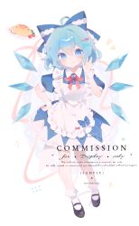  1girl :q absurdres adapted_costume ahoge apron black_shoes blue_bow blue_dress blue_eyes blue_hair bow bowtie brooch cherry_tomato chinese_commentary cirno closed_mouth collared_shirt commentary_request commission detached_wings dress enmaided food food_art full_body hair_between_eyes hair_bow hair_ornament hand_on_own_hip heart heart_brooch heart_hair_ornament highres ice ice_wings jewelry looking_at_viewer maid maid_apron mary_janes medium_hair misakiii omelet omurice puffy_short_sleeves puffy_sleeves red_bow red_bowtie shirt shoes short_sleeves smile socks solo tomato tongue tongue_out touhou watermark white_shirt white_socks white_wrist_cuffs wings wrist_cuffs x_hair_ornament 