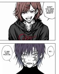  2girls ai-generated art_style_parody asakura_toru blue_hair brown_hair burn_scar ear_piercing english_text gradient_hair hair_between_eyes hair_ornament hairclip higuchi_madoka hoodie jujutsu_kaisen medium_hair mole mole_under_eye multicolored_hair multiple_girls noctchill parody pink_eyes purple_hair speech_bubble the_idolm@ster the_idolm@ster_shiny_colors white_background white_shirt 