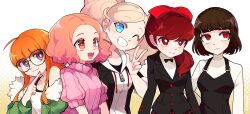  5girls :3 ahoge aqua_eyes bare_shoulders black-framed_eyewear black_bow black_bowtie black_jacket black_skirt blonde_hair blush bow bowtie breasts bright_pupils brown_eyes brown_hair cio_(ciosui) closed_mouth collarbone commentary drawstring english_commentary eyelashes fingernails fur-trimmed_jacket fur_trim glasses green_jacket grin hair_bow hair_over_shoulder height_difference highres hood hood_down hooded_jacket jacket long_hair long_sleeves multiple_girls niijima_makoto off_shoulder okumura_haru one_eye_closed open_clothes open_jacket open_mouth orange_hair persona persona_5 pink_sweater plaid_clothes plaid_skirt red_bow red_eyes red_hair sakura_futaba shirt short_hair short_sleeves simple_background skirt smile split_mouth sweater takamaki_ann teeth turtleneck twintails upper_body upper_teeth_only v violet_eyes white_background white_pupils white_shirt yoshizawa_kasumi zipper 