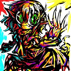  1girl :3 abstract arm_warmers closed_mouth colorful colorful_background commentary_request cowboy_shot green_eyes hands_up masukudere medium_hair mizuhashi_parsee pointy_ears shirt skirt solo touhou 