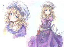  1girl blonde_hair blue_eyes blush bow closed_mouth collared_dress commentary contrast_collar dress hand_on_own_hip hat highres juliet_sleeves long_hair long_sleeves maribel_hearn mob_cap open_mouth puffy_sleeves purple_dress red_ribbon ribbon sash sleeve_cuffs sleeve_garter standing touhou uwazumi waist_bow white_bow white_hat white_sash 