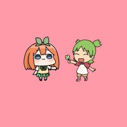  2girls :3 :d ^_^ akino_ell blue_eyes blush bow brown_shorts chibi closed_eyes closed_mouth clover commentary_request crossover four-leaf_clover go-toubun_no_hanayome green_bow green_hair green_ribbon green_skirt hair_ribbon holding koiwai_yotsuba multiple_girls nakano_yotsuba name_connection orange_hair pink_background pink_shoes plaid_bow pleated_skirt raglan_sleeves ribbon shirt shoes short_sleeves shorts simple_background skirt smile socks sweater_vest white_shirt white_socks yotsubato! 