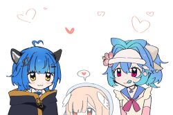  3girls :3 ahoge animal_ear_fluff animal_ears aqua_hair artist_self-insert beret blue_hair blue_hat blue_sailor_collar blue_tongue blunt_bangs blush_stickers bow cape chromashift closed_mouth colored_tongue commentary double-parted_bangs elbow_gloves english_commentary feathered_wings fish_hair_ornament food-themed_hair_ornament gloves gold_trim gradient_hair hair_between_eyes hair_bow hair_intakes hair_ornament hair_over_one_eye hairclip hat head_wings heart heart_ahoge indie_virtual_youtuber jewelry lazuli_(vtuber) leaf_hair_ornament medium_hair mini_wings multicolored_hair multiple_girls narutomaki_hair_ornament necklace necktie orange_hair parallel_hairclips pensive pillowdear pillowdear_(artist) pillowdear_(school_uniform) pink_gloves poko_rakun poko_rakun_(1st_costume) purple_necktie raccoon_ears raccoon_girl red_eyes sailor_collar short_hair simple_background sleeveless smile speech_bubble spoken_heart star_(symbol) star_necklace tongue tongue_out upper_body violet_eyes virtual_youtuber visor_cap white_background white_bow white_visor_cap white_wings wings yellow_eyes 