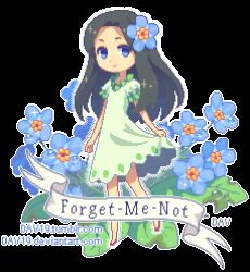 1girl animated animated_gif banner black_hair blue_eyes blue_flower commentary dav-19 dress flower flower_fairy_(osomatsu-kun) forget-me-not_(flower) green_dress hair_flower hair_ornament leaf long_hair lowres osomatsu-san osomatsu_(series) pixel_art plant_name solo sparkle transparent_background web_address 