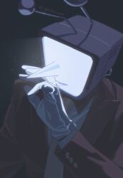  1boy absurdres ant_tenna artist_name collared_shirt commentary crt deltarune english_commentary gloves highres jacket jewelry long_nose long_sleeves male_focus necktie object_head pointy_nose radio_antenna red_jacket revision ring shirt solo twitter_username utdr_(toby_fox) vrainal white_gloves white_shirt yellow_necktie 