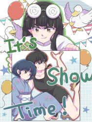  1girl 2boys balloon bird black_hair black_shorts black_tank_top blue_eyes blue_hair blue_kimono braid brown_eyes closed_mouth coke-bottle_glasses commentary_request duck eyewear_on_head glasses honey_wacca japanese_clothes kimono mousse_(ranma_1/2) multiple_boys platform_sandals ranma_1/2 round_eyewear sandals saotome_ranma saotome_ranma_(male) short_hair shorts single_braid smile split_mouth stuck_in_a_box tank_top tendou_akane 