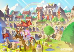  1girl apokarihardcore blue_flower blue_sky candy_hair_ornament clouds commentary_request company_name copyright_notice crescent crown dress flag flower food-themed_hair_ornament gradient_hair grass green_eyes hair_ornament heterochromia himemori_luna holding holding_flag holding_polearm holding_weapon hololive house luknight_(himemori_luna) multicolored_hair mushroom official_art outdoors pink_dress pink_eyes pink_hair polearm puffy_short_sleeves puffy_sleeves purple_hair rainbow rock short_sleeves sky solo spear star_(symbol) tree virtual_youtuber water weapon white_flower 