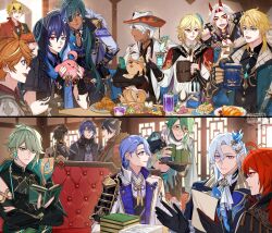  6+boys :o alhaitham_(genshin_impact) antenna_hair aqua_hair arataki_itto architecture armor ascot baizhu_(genshin_impact) beer_mug bird black_gloves blonde_hair blue_coat blue_hair book brown_hair cacucu_(genshin_impact) changsheng_(genshin_impact) closed_mouth coat commentary_request couch cowboy_hat cup dark-skinned_male dark_skin diluc_(genshin_impact) dog east_asian_architecture eyepatch flins_(genshin_impact) food genshin_impact gloves gold_trim green_hair grey_hair hair_ornament hat heterochromia high_collar highres hiki_yuichi horns ifa_(genshin_impact) indoors kaeya_(genshin_impact) kamisato_ayato kaveh_(genshin_impact) lapels long_hair long_sleeves mug multiple_boys neck_tassel neuvillette_(genshin_impact) oni open_mouth orange_hair ororon_(genshin_impact) paper pauldrons pointy_ears red_hair red_horns short_hair shoulder_armor single_pauldron sitting smile snake taroumaru_(genshin_impact) tartaglia_(genshin_impact) tassel thoma_(genshin_impact) v-shaped_eyebrows varka_(genshin_impact) white_ascot white_coat white_hair wriothesley_(genshin_impact) zhongli_(genshin_impact) 