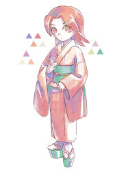  1boy 1girl absurdres blush closed_mouth commentary_request diamond_(shape) flipped_hair full_body highres japanese_clothes kimono long_hair long_sleeves looking_at_viewer male_focus medium_hair mii_(nintendo) mii_gunner mii_gunner_(smash_4) nyo02921978 obi okobo orange_eyes orange_kimono parted_bangs pink_eyes pink_kimono platform_sandals red_hair red_kimono robe sandals sash short_hair simple_background sleeves_past_wrists socks solo standing super_smash_bros. tabi triangle white_background white_socks wide_sleeves 