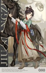  1girl :o architecture bag black_eyes black_hair black_horse blue_bag character_name chinese_clothes commentary dipper east_asian_architecture english_text facial_mark flats forehead_mark fragrance_(freakyduck9000) full_body green_shirt hair_bun hanfu highres holding holding_reins huadian jiu_niangzi layered_sleeves long_hair long_skirt long_sleeves looking_at_viewer parted_bangs red_shawl reins reverse:1999 shawl shirt shoes short_over_long_sleeves short_sleeves skirt solo standing yellow_shoes yellow_skirt 